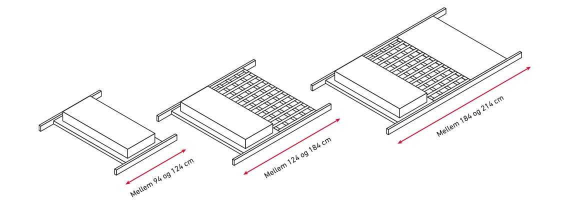 Drawing example of three different widths of Dolle Beam it up shelfs